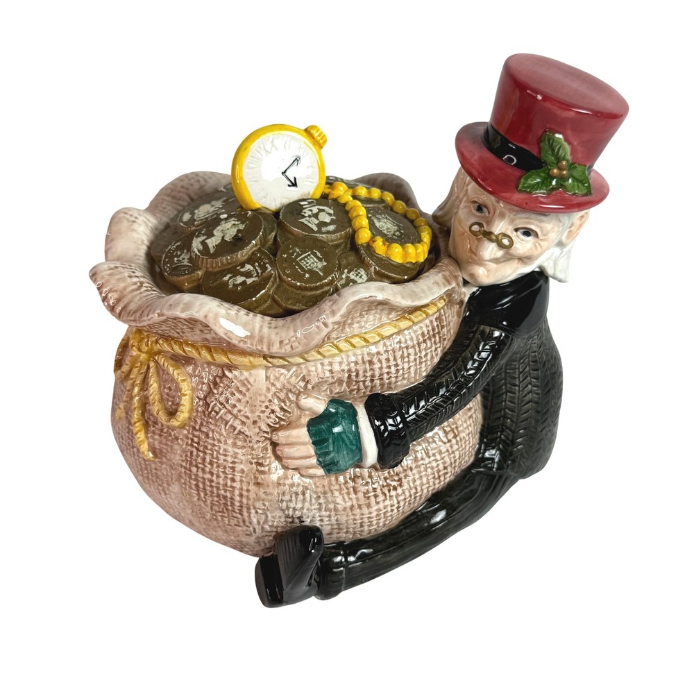 Fitz and Floyd Scrooge Holding Money Bag Candy Jar Lid 1993 Vintage Rare Holiday
